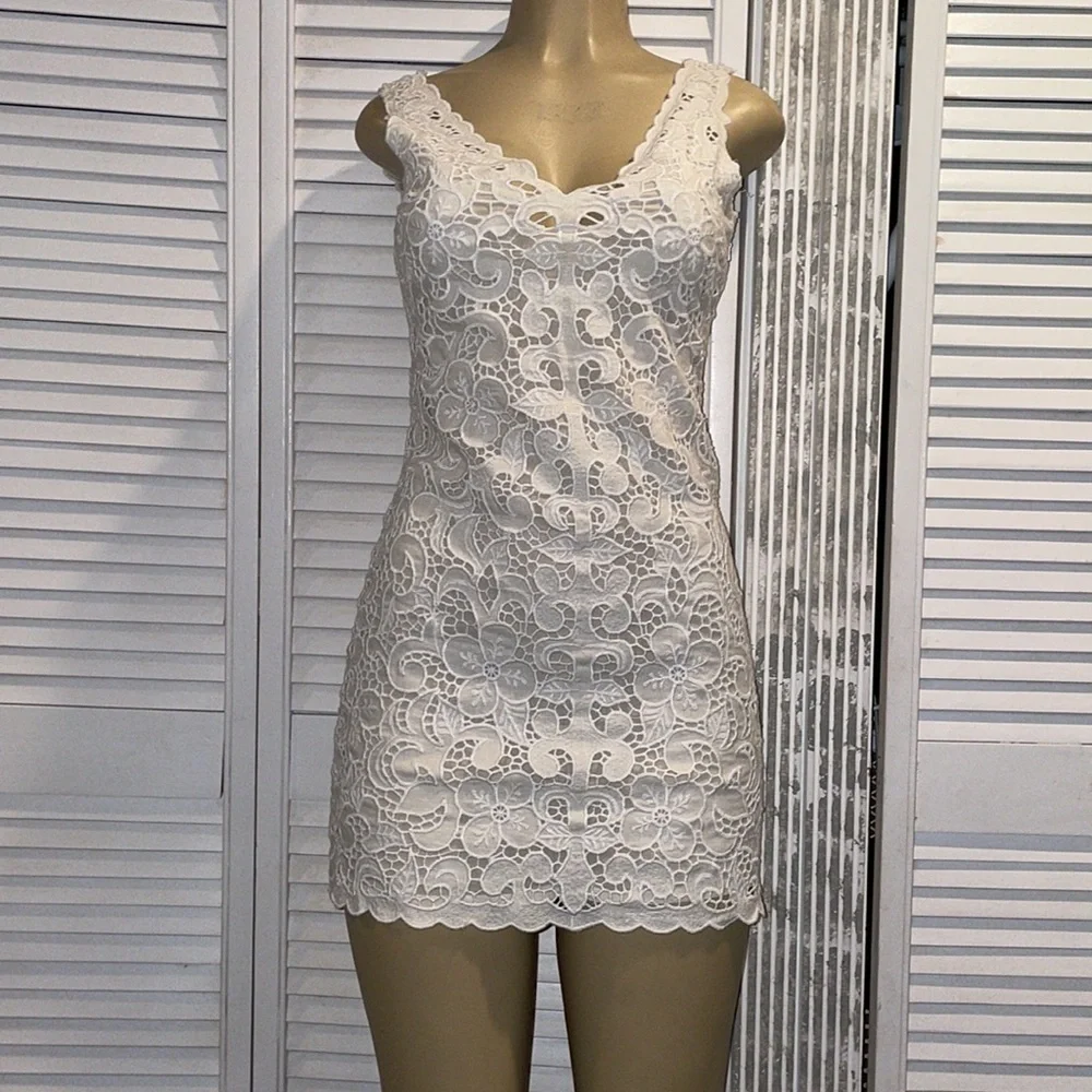 CALYPSO ST. BARTH DRESS KAGAMI WHITE LINEN EMBROIDERED LACE SIZE EXTRA SMALL - Picture 3 of 9
